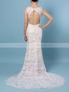 Lace V-neck Sweep Train Trumpet/Mermaid Appliques Lace Wedding Dresses #PWD00023284