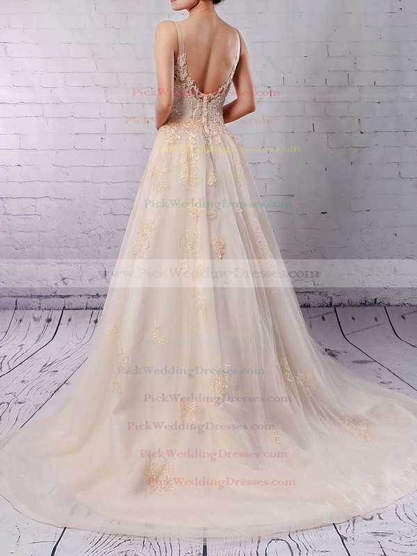 Tulle Scoop Neck Sweep Train Ball Gown Sequins Wedding Dresses #PWD00023173