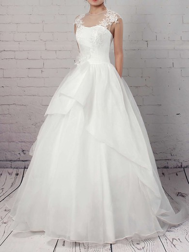 Organza Tulle Scoop Neck Sweep Train Ball Gown Appliques Lace Wedding Dresses #PWD00023192