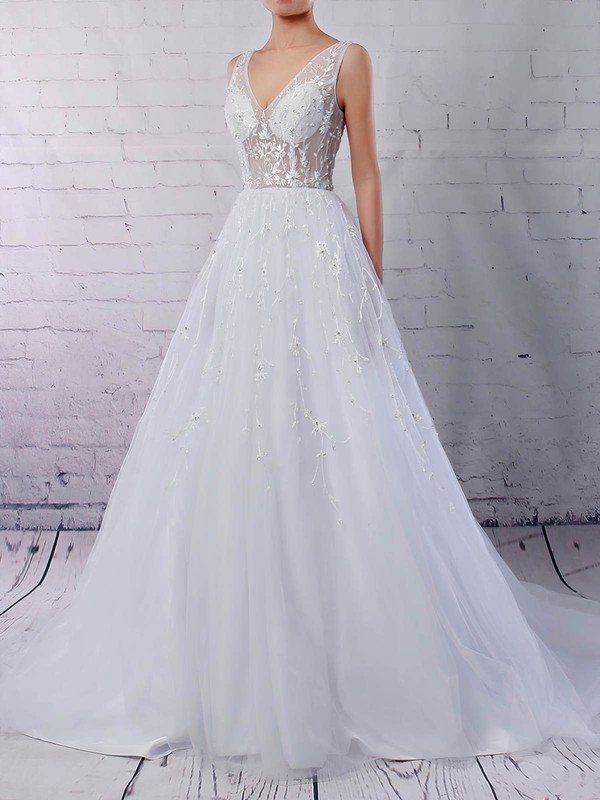 Tulle V-neck Sweep Train Ball Gown Beading Wedding Dresses #PWD00023221