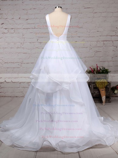Organza V-neck Sweep Train Ball Gown Ruffles Wedding Dresses #PWD00023222