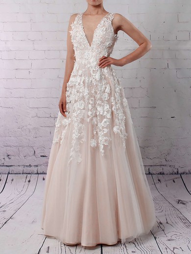 Tulle V-neck Floor-length Princess Appliques Lace Wedding Dresses #PWD00023122