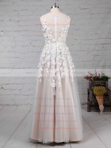 Tulle V-neck Floor-length Princess Appliques Lace Wedding Dresses #PWD00023122