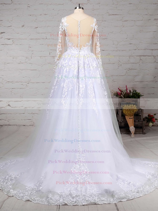 Organza Tulle Scoop Neck Sweep Train Ball Gown Appliques Lace Wedding Dresses #PWD00023141