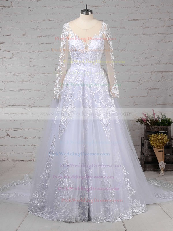 Organza Tulle Scoop Neck Sweep Train Ball Gown Appliques Lace Wedding Dresses #PWD00023141