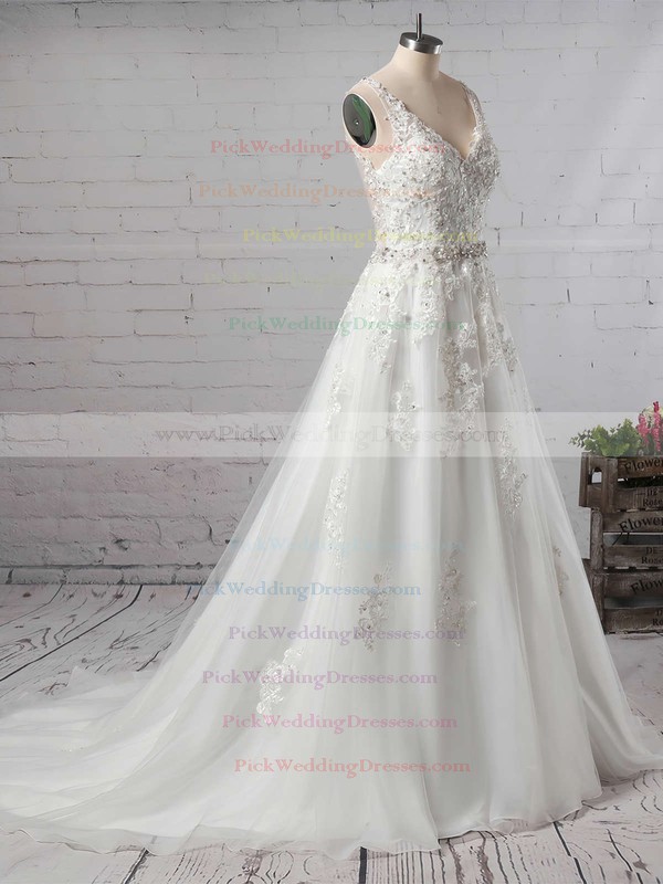 Organza V-neck Court Train Princess Beading Wedding Dresses #PWD00023147