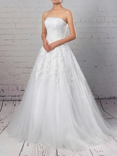 Tulle Strapless Sweep Train Ball Gown Appliques Lace Wedding Dresses #PWD00023175