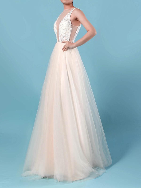 Tulle Scoop Neck Sweep Train Princess Lace Wedding Dresses #PWD00023182