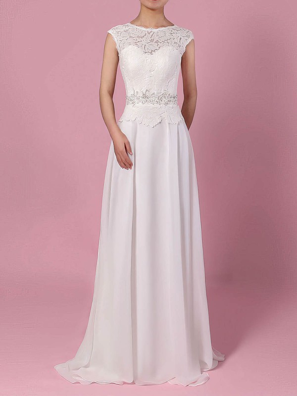Lace Chiffon Scoop Neck Sweep Train A-line Beading Wedding Dresses #PWD00023197