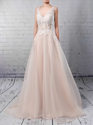 Tulle V-neck Sweep Train Ball Gown Appliques Lace Wedding Dresses #PWD00023220