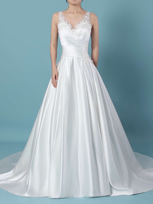 Satin Tulle V-neck Sweep Train Ball Gown Beading Wedding Dresses #PWD00023239