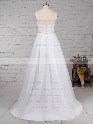 Lace Tulle Scoop Neck Sweep Train Princess Beading Wedding Dresses #PWD00023247