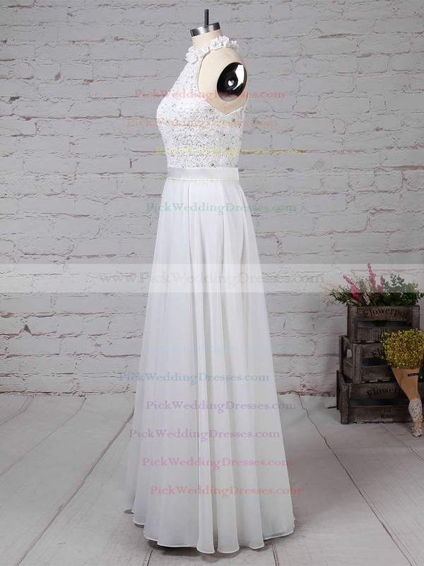 Lace Chiffon High Neck Floor-length A-line Beading Wedding Dresses #PWD00023296