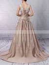 Satin V-neck Sweep Train Ball Gown Appliques Lace Wedding Dresses #PWD00023307