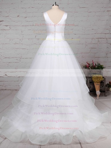 Satin Tulle V-neck Sweep Train Ball Gown Tiered Wedding Dresses #PWD00023312