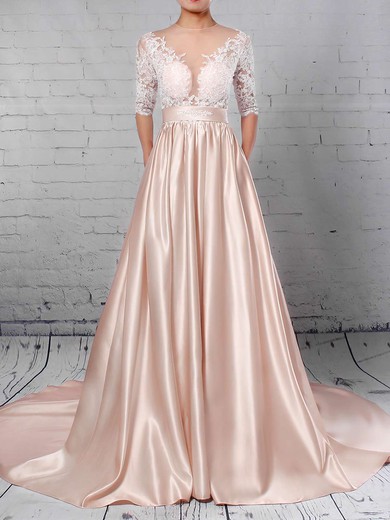 Satin Tulle Scoop Neck Sweep Train Ball Gown Appliques Lace Wedding Dresses #PWD00023314