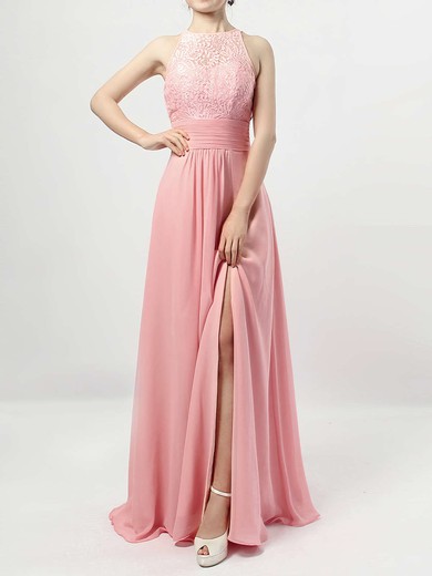 A-line Scoop Neck Lace Chiffon Floor-length Ruffles Bridesmaid Dresses #PWD01013465