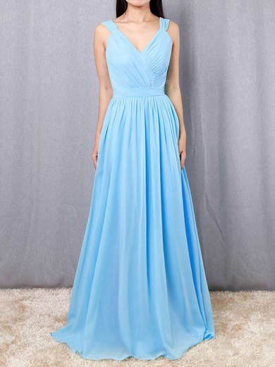 A-line V-neck Chiffon Floor-length Sashes / Ribbons Bridesmaid Dresses #PWD01013520