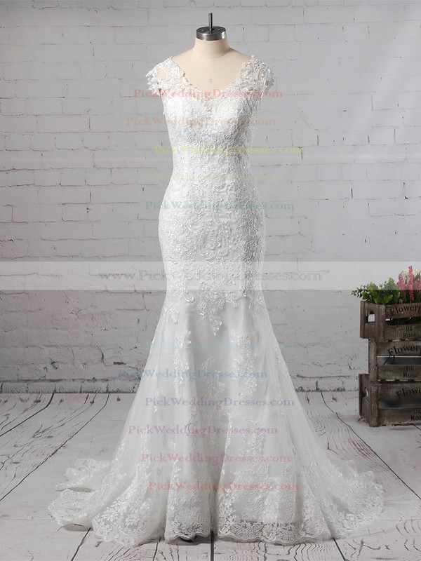 Trumpet/Mermaid V-neck Tulle Sweep Train Appliques Lace Wedding Dresses #PWD00023187