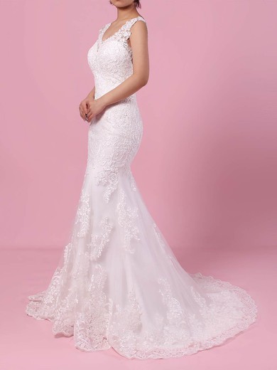 Trumpet/Mermaid V-neck Tulle Sweep Train Appliques Lace Wedding Dresses #PWD00023187