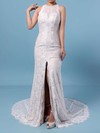 Sheath/Column Scoop Neck Lace Sweep Train Split Front Wedding Dresses #PWD00023287