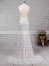 Sheath/Column Scoop Neck Lace Sweep Train Split Front Wedding Dresses #PWD00023287