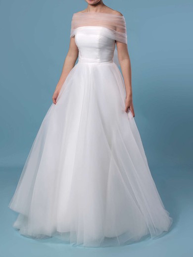 A-line Strapless Tulle Sweep Train Ruffles Wedding Dresses #PWD00023347
