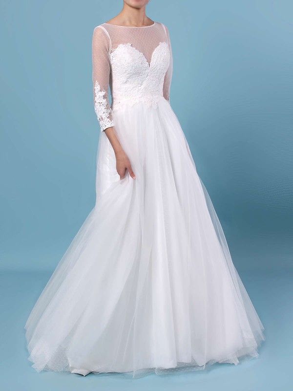 A-line Scoop Neck Tulle Floor-length Appliques Lace Wedding Dresses #PWD00023348