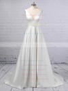 A-line V-neck Satin Sweep Train Beading Wedding Dresses #PWD00023350