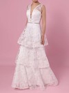 A-line V-neck Lace Sweep Train Beading Wedding Dresses #PWD00023353