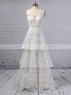 A-line V-neck Lace Sweep Train Beading Wedding Dresses #PWD00023353
