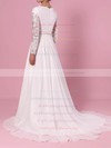 A-line Scoop Neck Lace Chiffon Sweep Train Beading Wedding Dresses #PWD00023355