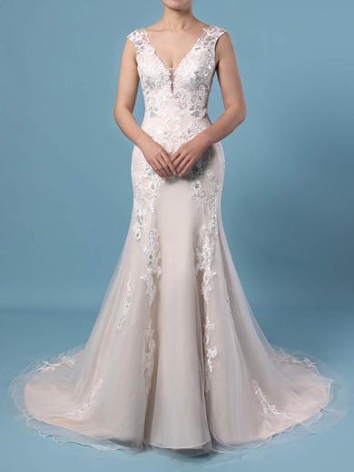 A-line V-neck Tulle Sweep Train Appliques Lace Wedding Dresses #PWD00023356