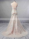 A-line V-neck Tulle Sweep Train Appliques Lace Wedding Dresses #PWD00023356