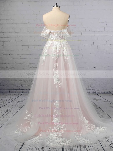 A-line Off-the-shoulder Tulle Sweep Train Appliques Lace Wedding Dresses #PWD00023365