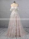 A-line Off-the-shoulder Tulle Sweep Train Appliques Lace Wedding Dresses #PWD00023365