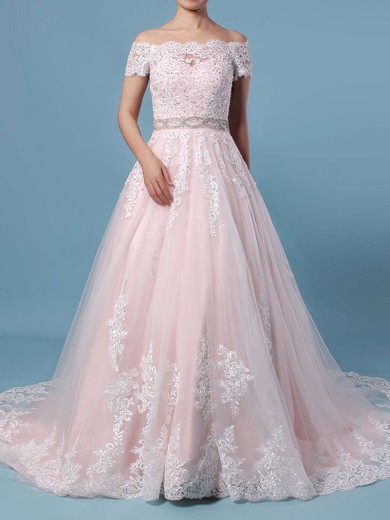 Ball Gown Off-the-shoulder Tulle Sweep Train Beading Wedding Dresses #PWD00023369