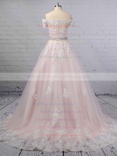 Ball Gown Off-the-shoulder Tulle Sweep Train Beading Wedding Dresses #PWD00023369
