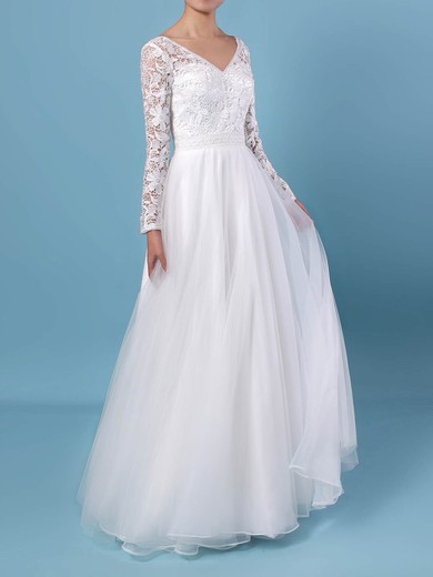 A-line V-neck Lace Tulle Floor-length Wedding Dresses #PWD00023370