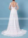 A-line V-neck Chiffon Tulle Sweep Train Appliques Lace Wedding Dresses #PWD00023371