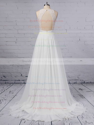 A-line Scoop Neck Lace Chiffon Floor-length Sashes / Ribbons Wedding Dresses #PWD00023372