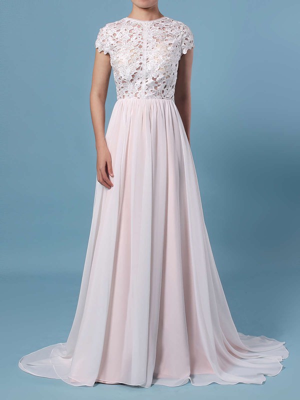A-line Scoop Neck Lace Chiffon Floor-length Wedding Dresses #PWD00023373