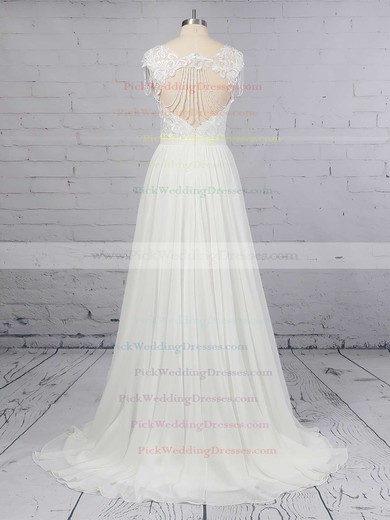 A-line V-neck Chiffon Tulle Sweep Train Beading Wedding Dresses #PWD00023374