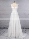 A-line V-neck Chiffon Tulle Sweep Train Beading Wedding Dresses #PWD00023374