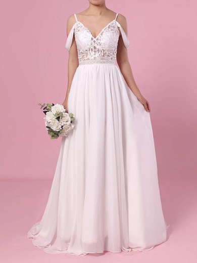 A-line V-neck Chiffon Sweep Train Lace Wedding Dresses #PWD00023377