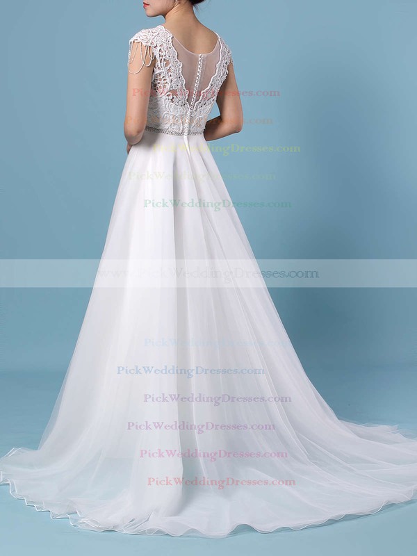 Princess V-neck Tulle Sweep Train Appliques Lace Wedding Dresses #PWD00023380