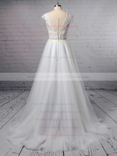 Princess V-neck Tulle Sweep Train Appliques Lace Wedding Dresses #PWD00023380
