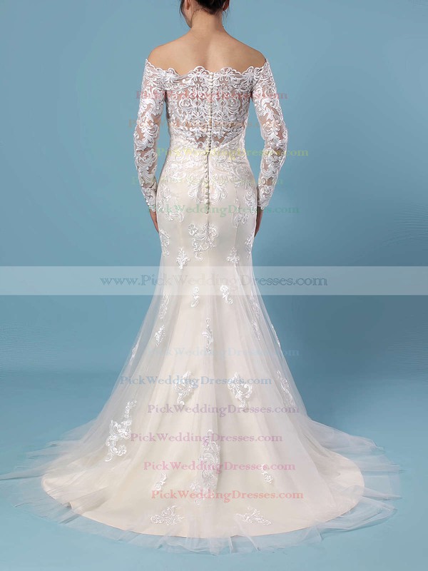 Trumpet/Mermaid Off-the-shoulder Tulle Sweep Train Beading Wedding Dresses #PWD00023385