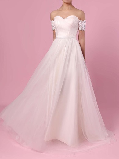 Princess Off-the-shoulder Tulle Sweep Train Sashes / Ribbons Wedding Dresses #PWD00023388