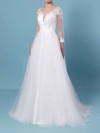 Princess Scoop Neck Tulle Sweep Train Appliques Lace Wedding Dresses #PWD00023389